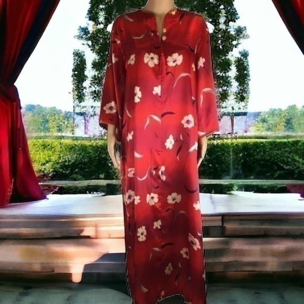 Neiman Marcus Women's Red Floral Long Sleeve Maxi Robe Collar Tassel Size M